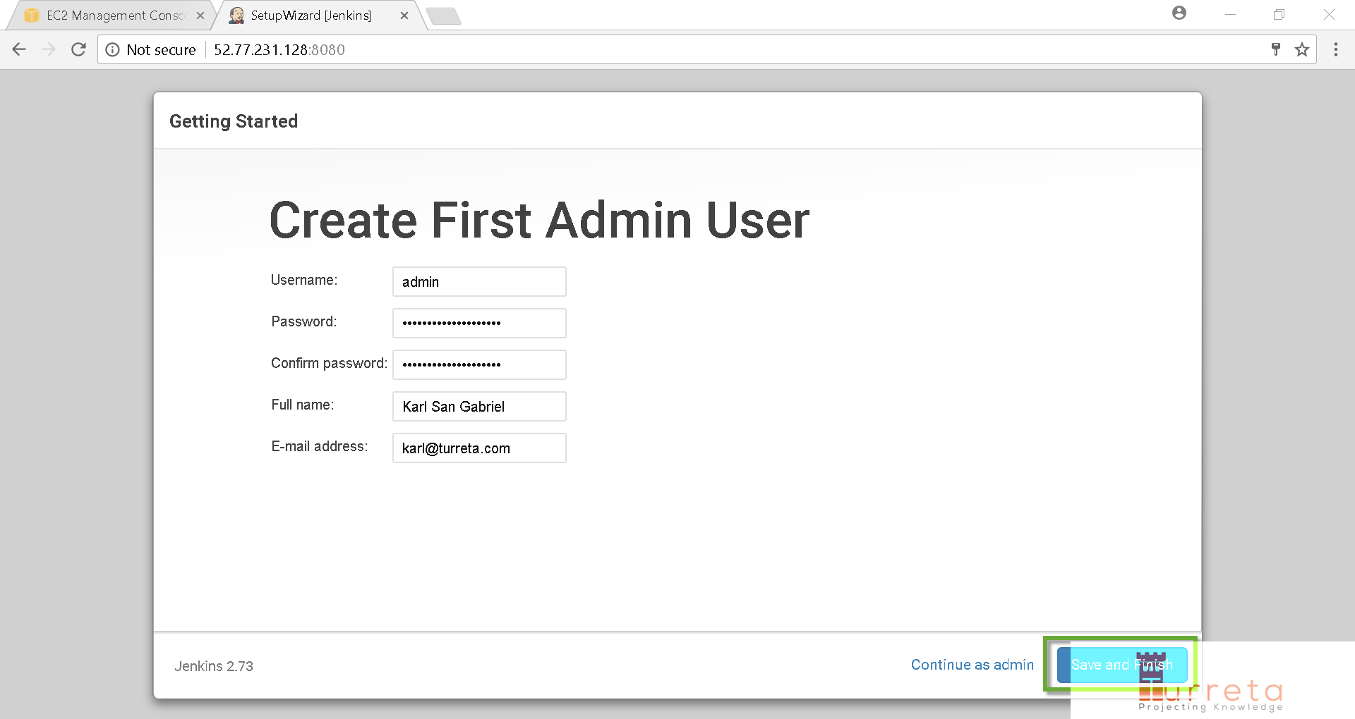 Create first admin user